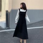 Two-tone A-line Midi Knit Dress Black & White - One Size