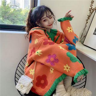 Frilled Trim Flower Pattern Long-sleeve Knit Dress