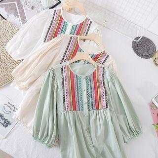 Round-neck Embroidered Puff-sleeve Shirt