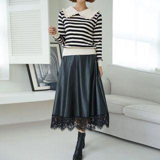 Lace-hem Pleather Long Flared Skirt