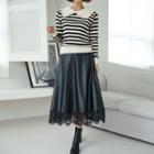 Lace-hem Pleather Long Flared Skirt