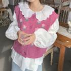 Flower Print Knit Vest / Peter-pan Collar Plain Blouse
