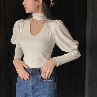 Puff-sleeve Turtleneck Cutout Top