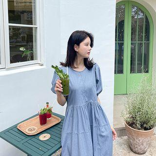 Puff-sleeve Tiered Long Denim Dress