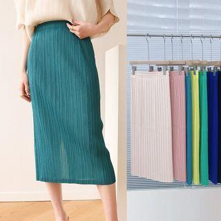 Elastic Waist Pleated Slit Back Midi Pencil Skirt