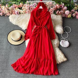 Long Sleeve Plain Maxi Chiffon Dress