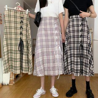 Lace-up Plaid Midi A-line Skirt