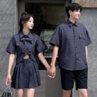 Couple Matching Short-sleeve Plaid Cropped Blouse / Mini A-line Skirt / Shirt / Shorts / Set