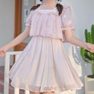 Short-sleeve Ruffle Trim Top / Strappy A-line Dress