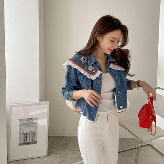 Detachable-capelet Cropped Denim Jacket Blue - One Size