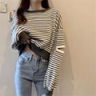 Round-neck Striped Ripped Knit Top