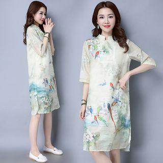 Elbow-sleeve Stand-collar Dress