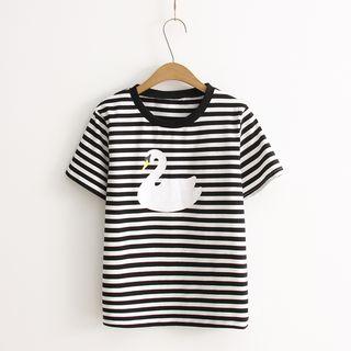 Swan Print Striped Short-sleeve T-shirt