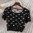 Short-sleeve Star Print Knit Top Black - One Size