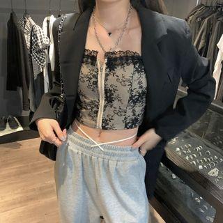 Cropped Lace Camisole Top Almond & Black - One Size