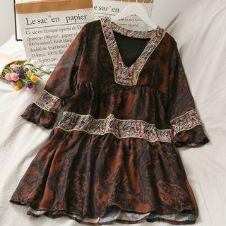 Patchwork Loose-fit V-neck A-line Dress Coffee - One Size