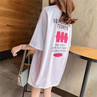 Bear Print Elbow-sleeve Tunic T-shirt