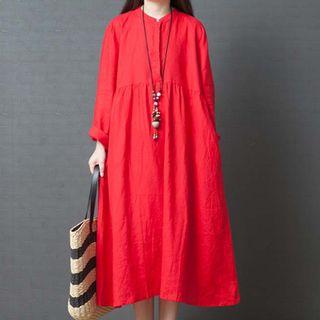 Long-sleeve Band Collar Midi A-line Dress