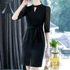 Elbow-sleeve Keyhole A-line Dress