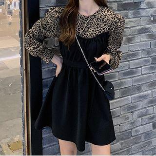 Leopard Panel Long-sleeve A-line Dress