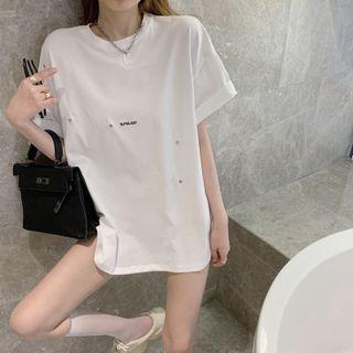 Short-sleeve Lettering Shirred T-shirt White - One Size