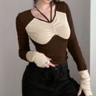 Long-sleeve Two-tone Drawstring T-shirt