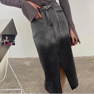 High-waist Gradient Slit Denim Midi Skirt