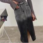 High-waist Gradient Slit Denim Midi Skirt