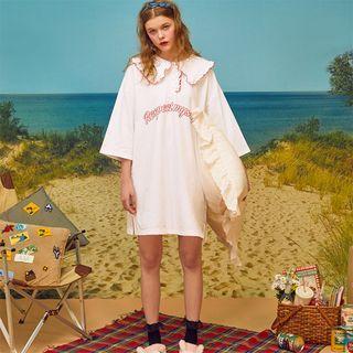 Frilled Sailor-collar Letter-printed Mini Dress Ivory - One Size
