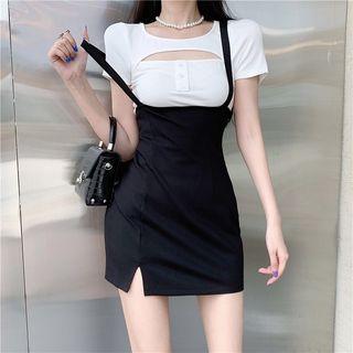 Short-sleeve Cutout T-shirt / Slit Mini Overall Dress