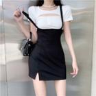 Short-sleeve Cutout T-shirt / Slit Mini Overall Dress