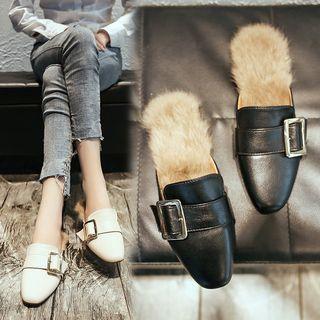 Furry-trim Buckled Mules