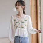 Balloon-sleeve Floral Embroidered Top