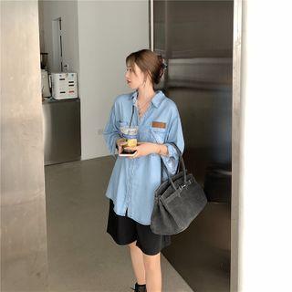 3/4-sleeve Denim Shirt Denim Blue - One Size