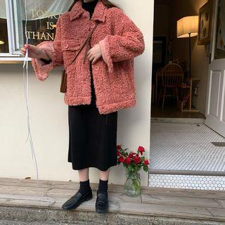 Faux-fur Button Jacket / Plain Long-sleeve Midi Dress