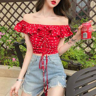 Dotted Off-shoulder Crop Top / Ripped Denim Shorts