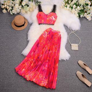 Set: Crop Camisole Top + Accordion Pleat Maxi A-line Skirt