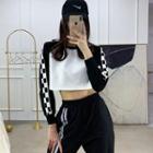 Long-sleeve Checkerboard-trim Cropped T-shirt