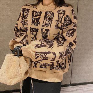 Print Mock-neck Sweater Khaki - One Size