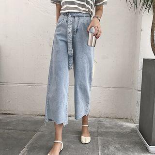Belted Distressed Wide-leg Denim Jeans