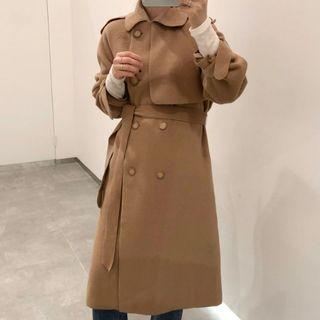 Plain Double-breasted Coat With Sash