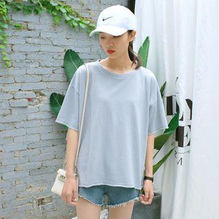 Elbow-sleeve Plain T-shirt Red - One Size