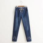 Drawstring Waist Embroidered Jeans