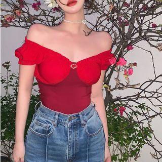 Off-shoulder V-neck Two-tone Top Red - One Size