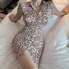 Long-sleeve Collar Leopard Print Mini Sheath Dress