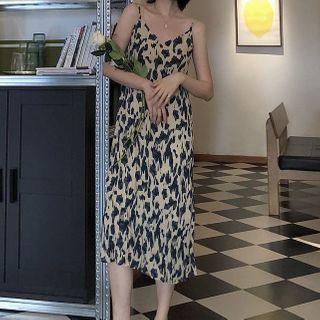 Spaghetti Strap Leopard Print Midi A-line Dress As Shown In Figure - One Size