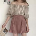 Gingham Off-shoulder Elbow-sleeve Blouse / Pleated Skirt