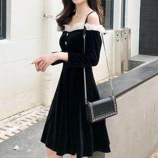 Long-sleeve Frilled Off-shoulder A-line Dress