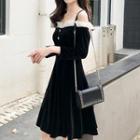 Long-sleeve Frilled Off-shoulder A-line Dress