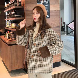 Furry Panel Plaid Buttoned Jacket As Shown In Figure - One Size